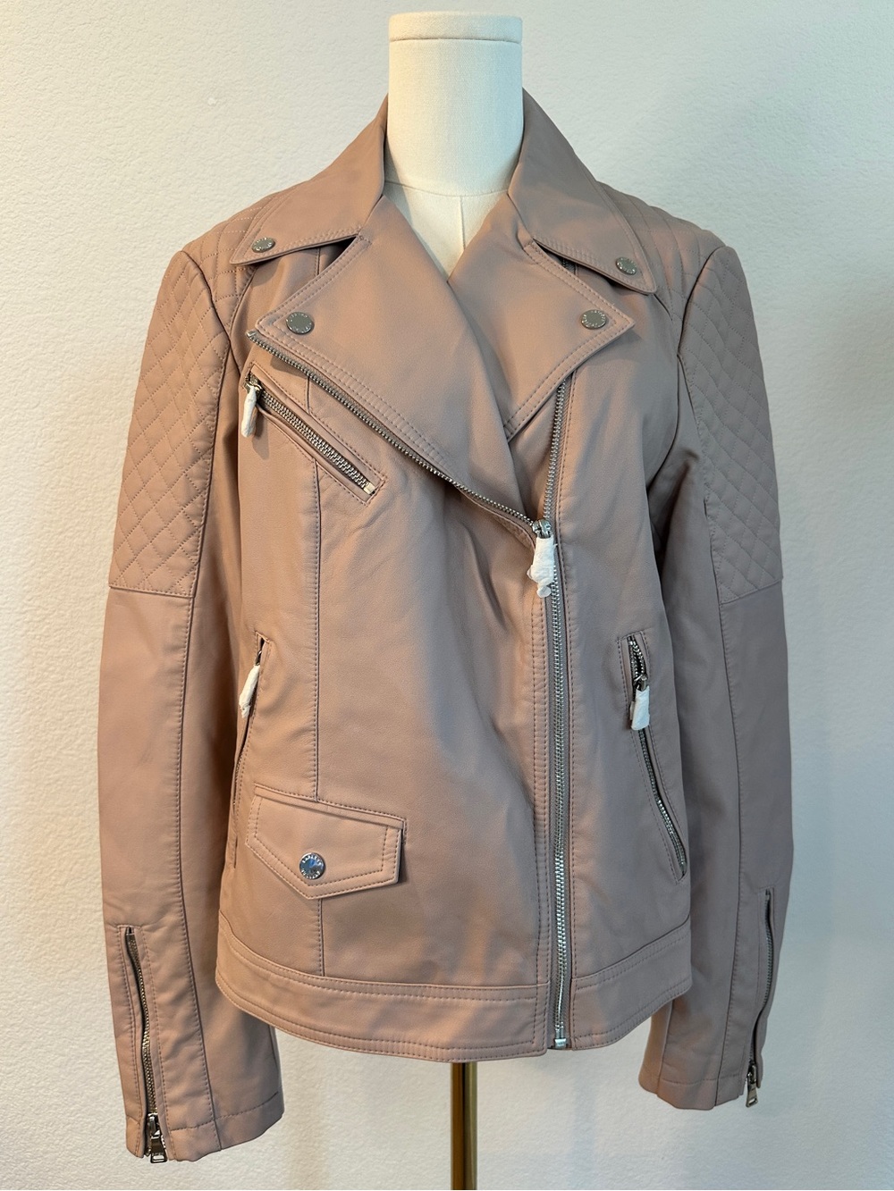 NWT Express Blush Faux Leather Moto Jacket Quilted Biker Coat Large
